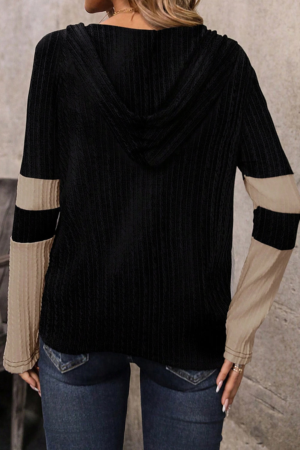 Parchment Textured Patchwork Long Sleeve Hooded Top