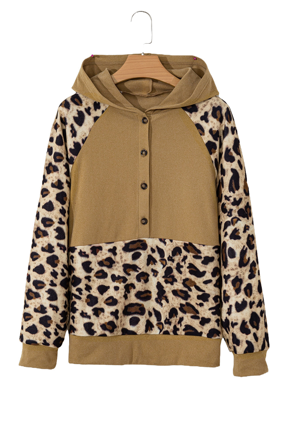 Light Beige Leopard Patchwork Raglan Sleeve Half Buttons Hoodie