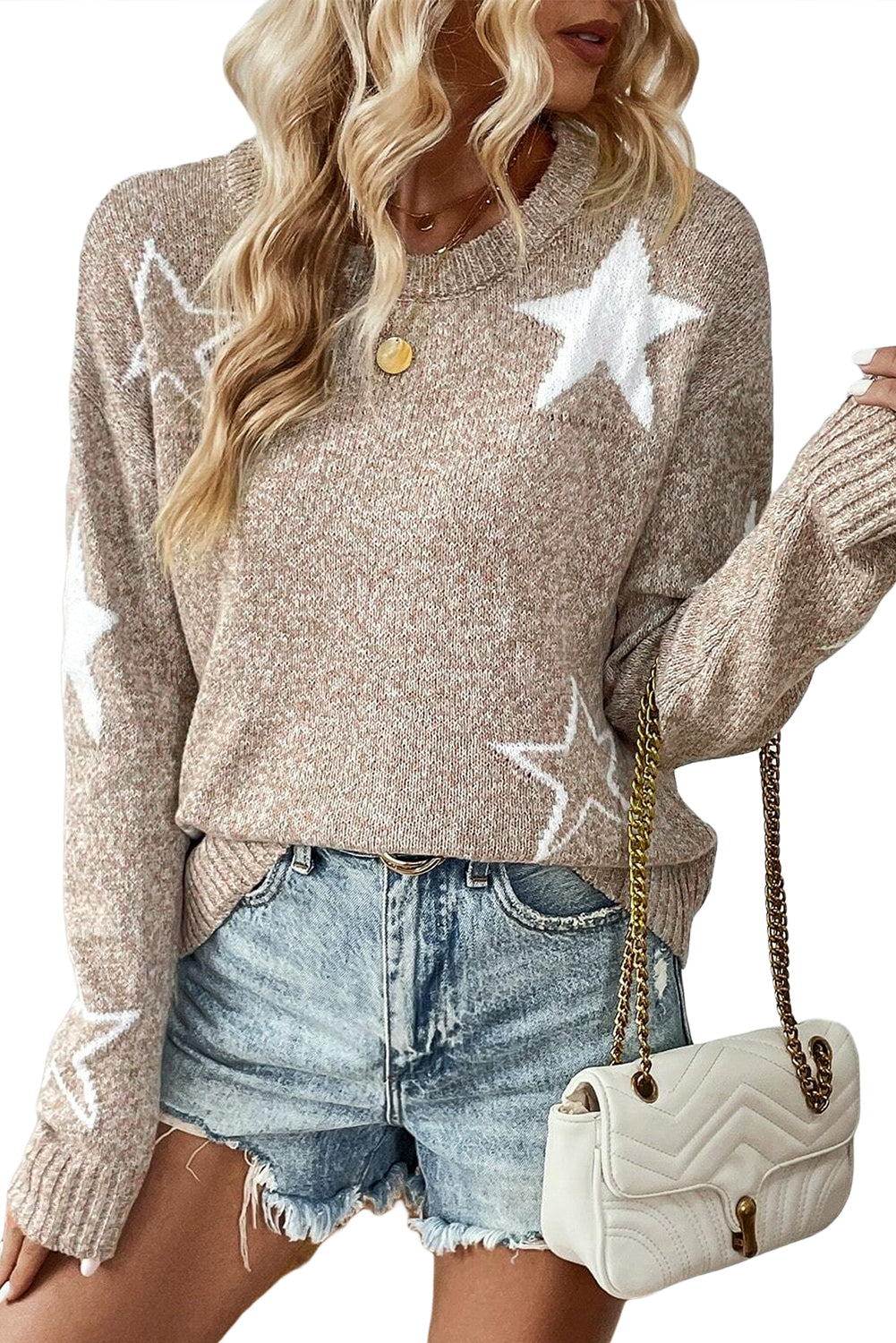 Gray Star Pattern Drop Shoulder Knit Sweater