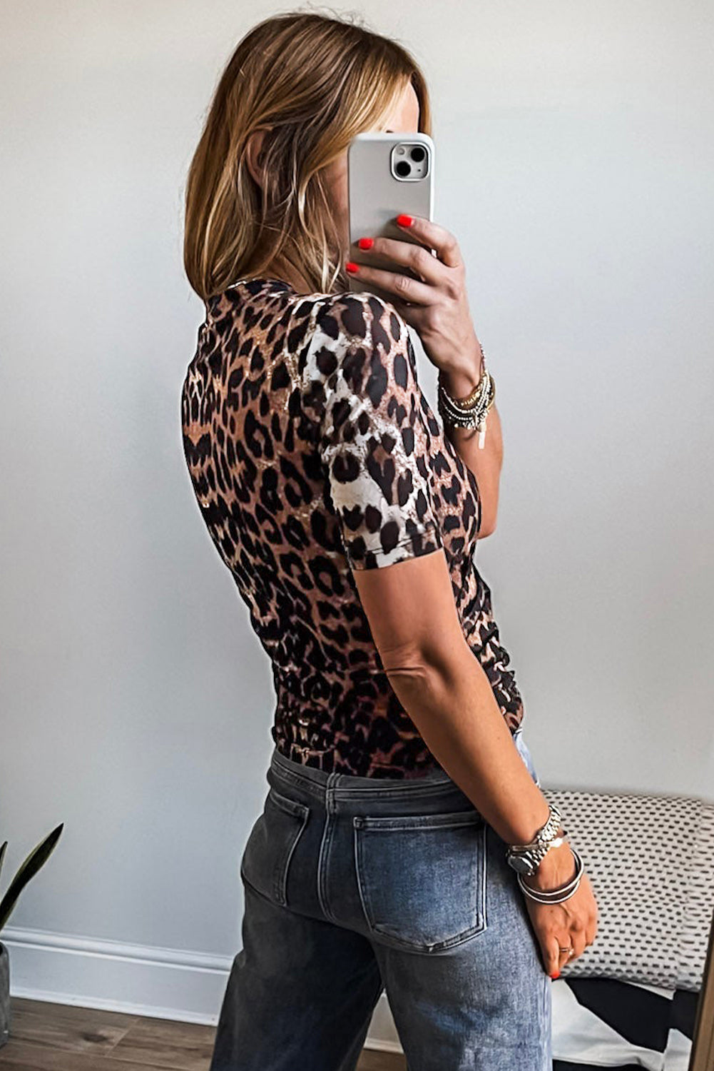 Black Leopard Wrapped V Neck Short Sleeve T Shirt