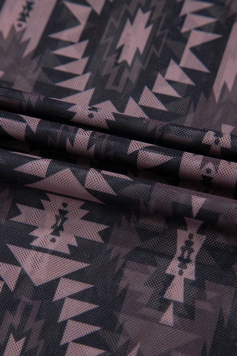 Brown Geometric Print Mock Neck Short Sleeve Mesh T Shirt