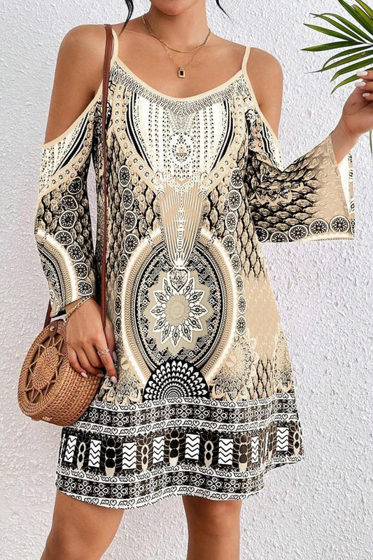 Apricot Boho Cold Shoulder Long Sleeve Mini Dress