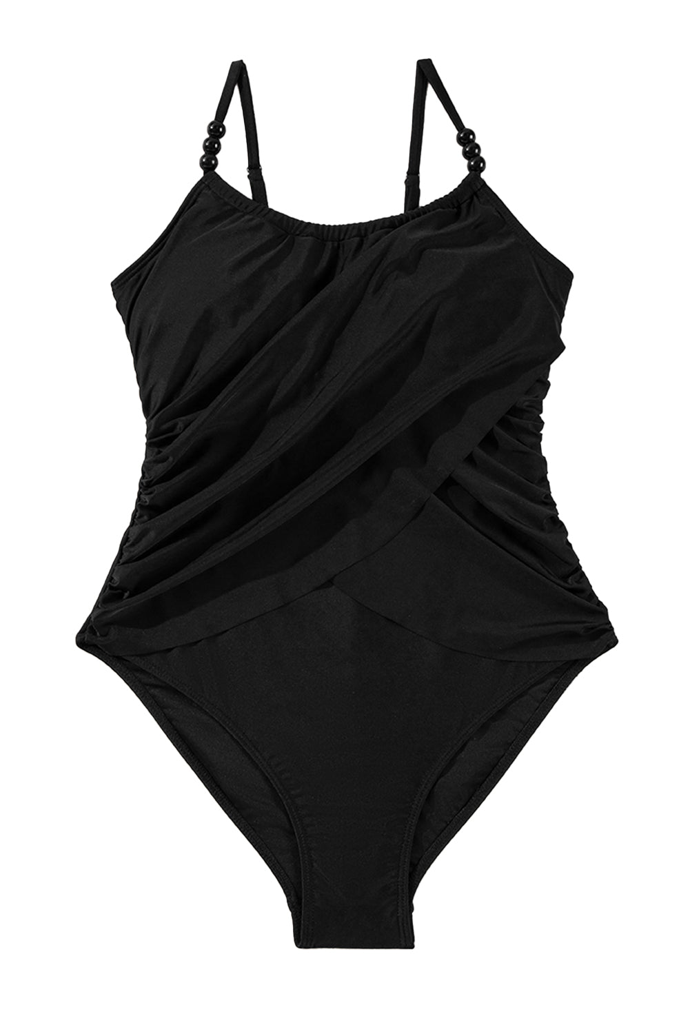 Black Beaded Spaghetti Straps Ruched Overlapped One Piece Swimsuit