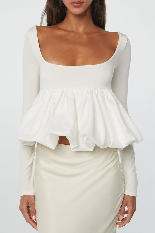 White Elegant Scoop Neck Bubble Hem Long Sleeve Top