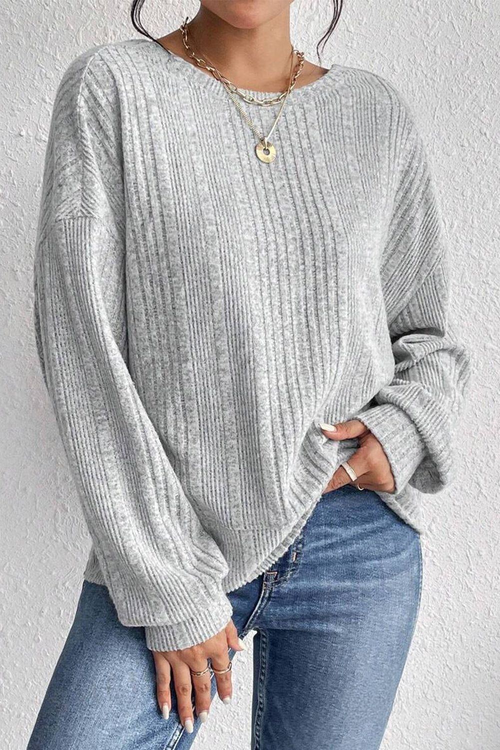 Light Grey Ribbed Backless Drop Sleeve Top