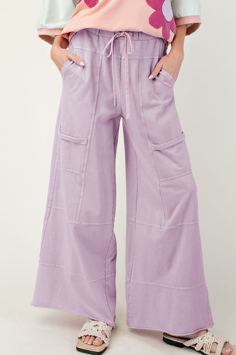 Black Mineral Wash Exposed Seam Wide Leg Cargo Pants