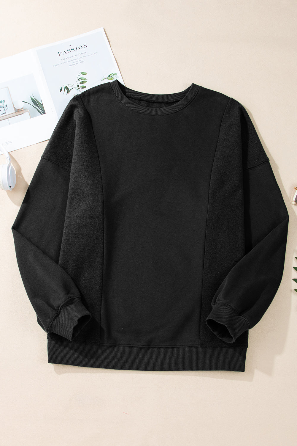 Black Loose Patchwork Crewneck Plus Size Sweatshirt