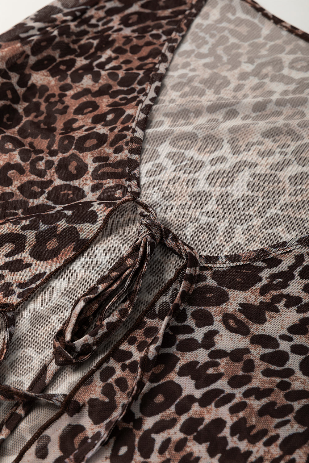 Multicolour Leopard Sheer Mesh Lace Up V Neck Long Sleeve Top