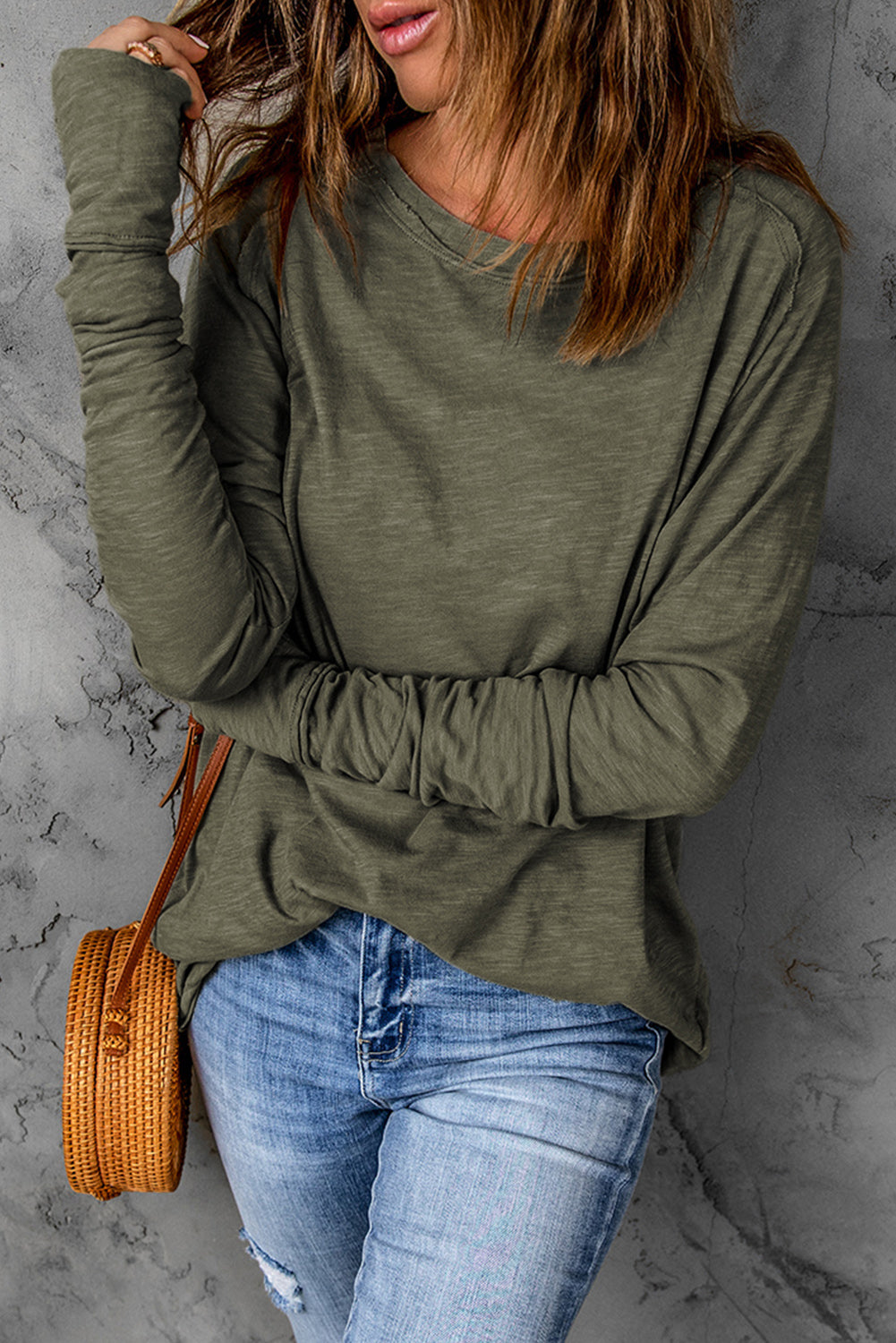 Green Plain Solid Casual Thumbhole Long Sleeve Top