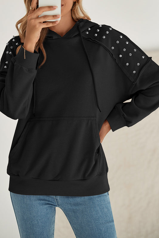 Black Stud Detail Kangaroo Pocket Drawstring Hoodie