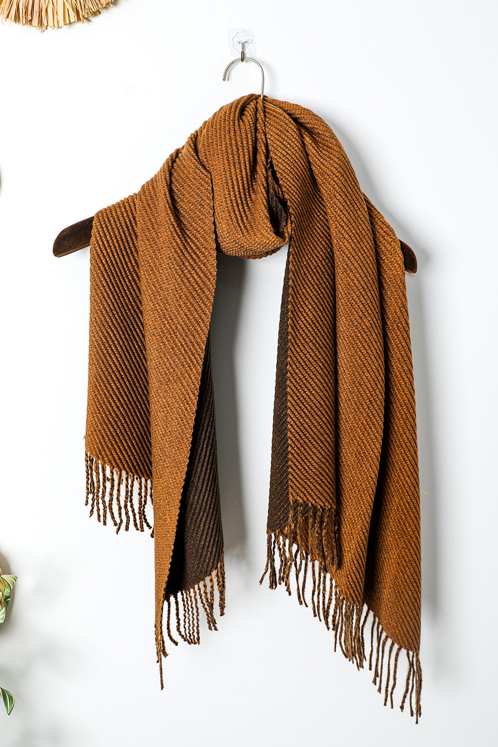 Khaki Bohemian Fringe Trim Textured Scarf