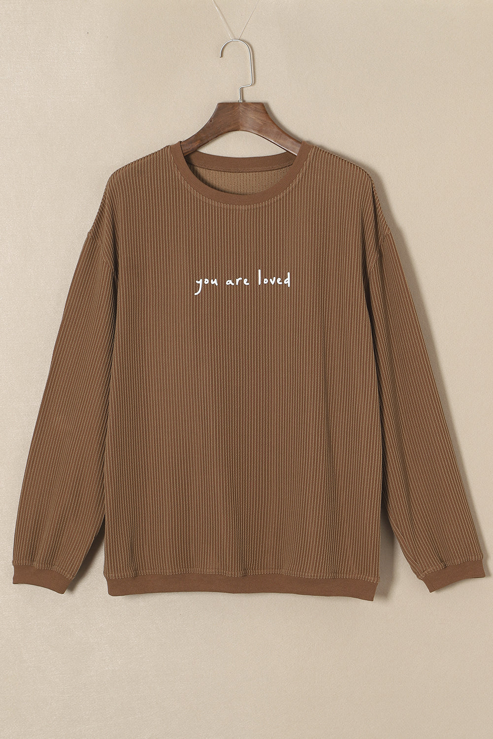 Khaki You Are Loved Print Crinkle Rib Sweatshirt