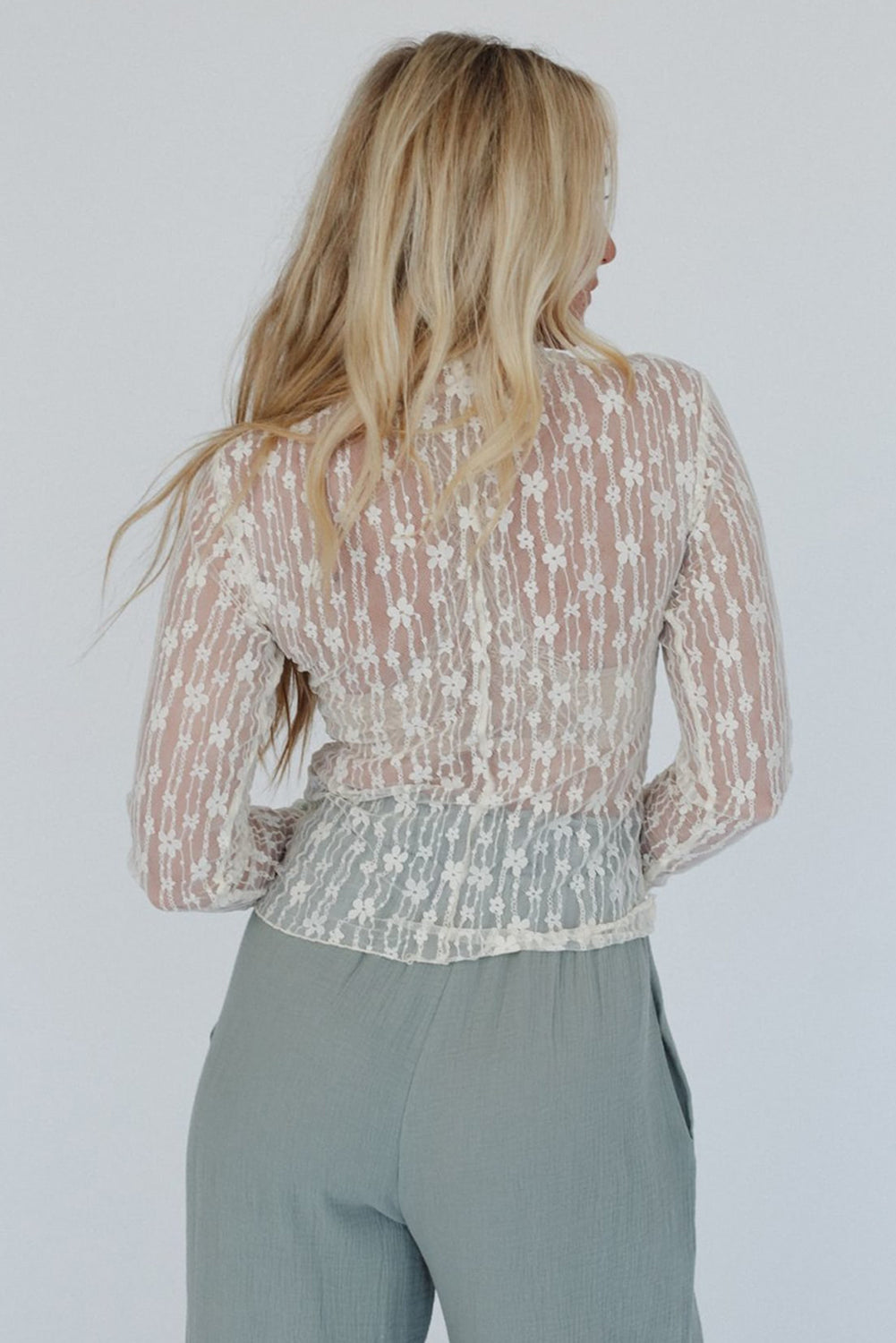 Black Sheer Floral Lace Long Sleeve Slim Fit Top