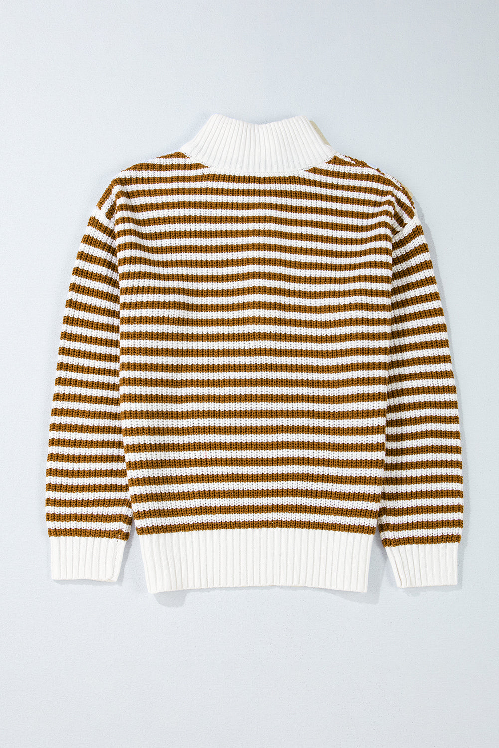 Khaki Stripe Zip Up Collar Drop Sleeve Sweater