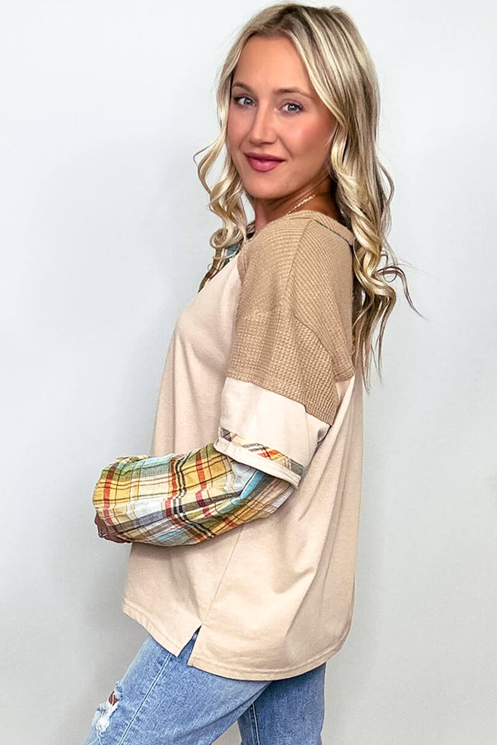 Parchment Plus Size Plaid Waffle Patchwork Henley Top