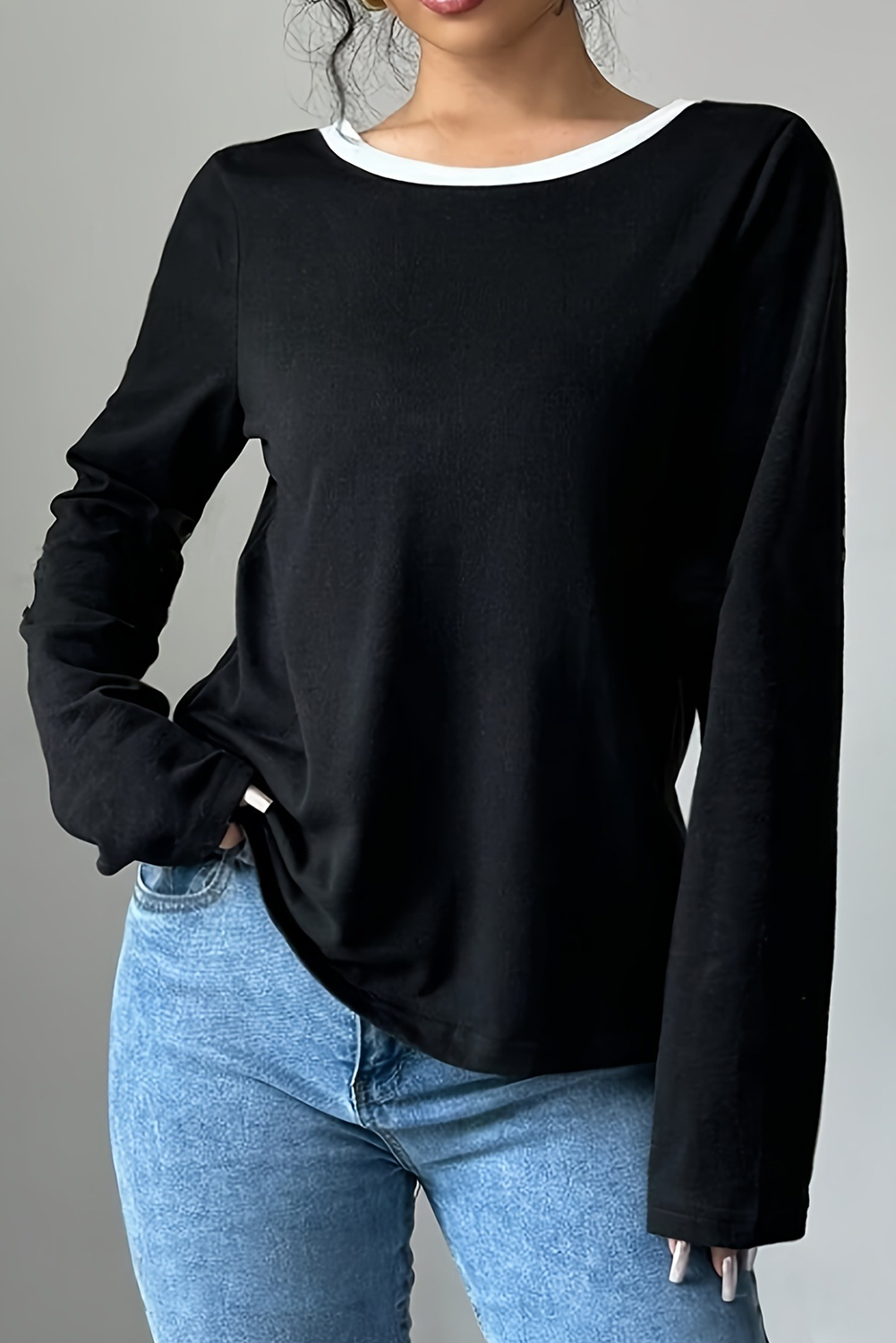 Black Knitted Bow Tie Back Round Neck Long Sleeve Top