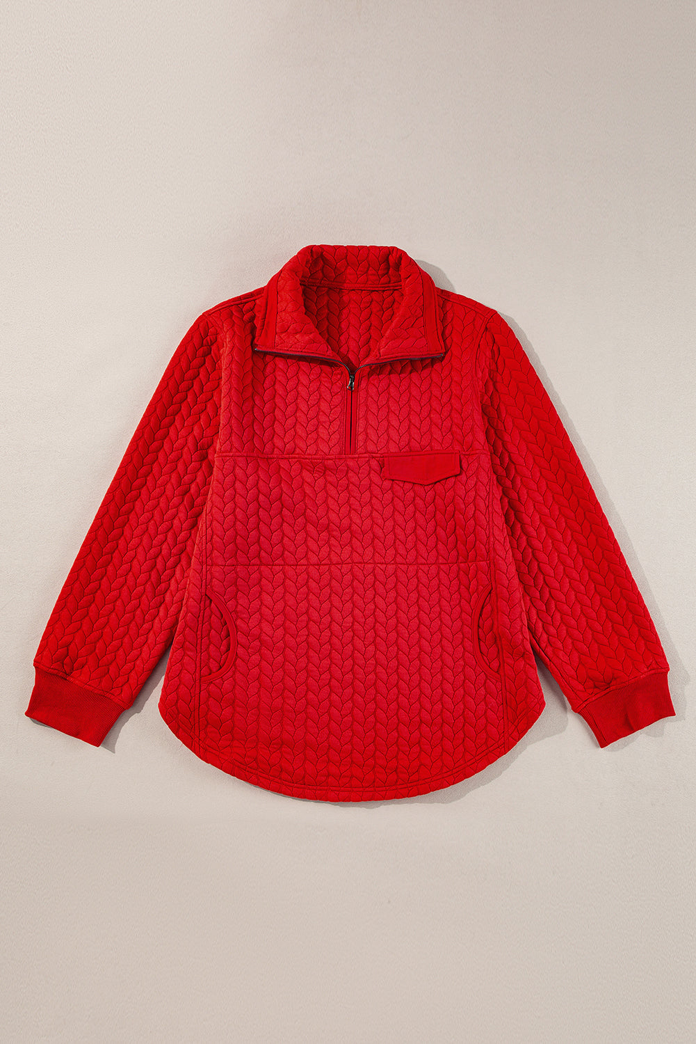 Tomato Red Textured Quarter Zip Plus Size Pullover