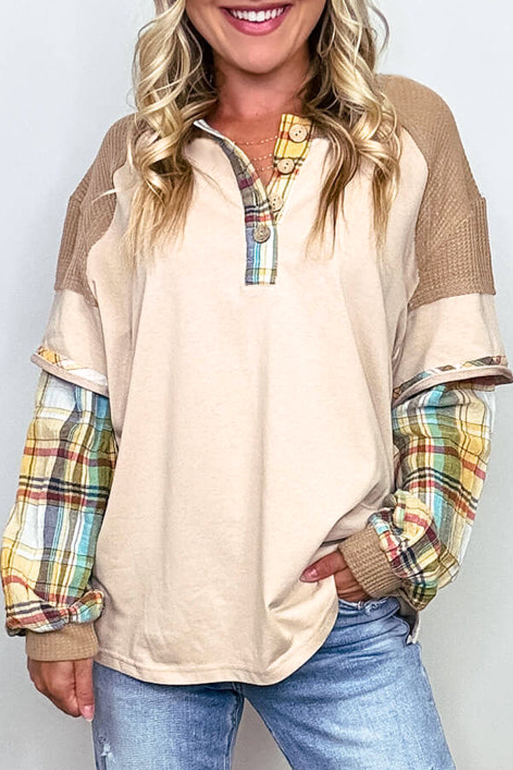 Parchment Plus Size Plaid Waffle Patchwork Henley Top