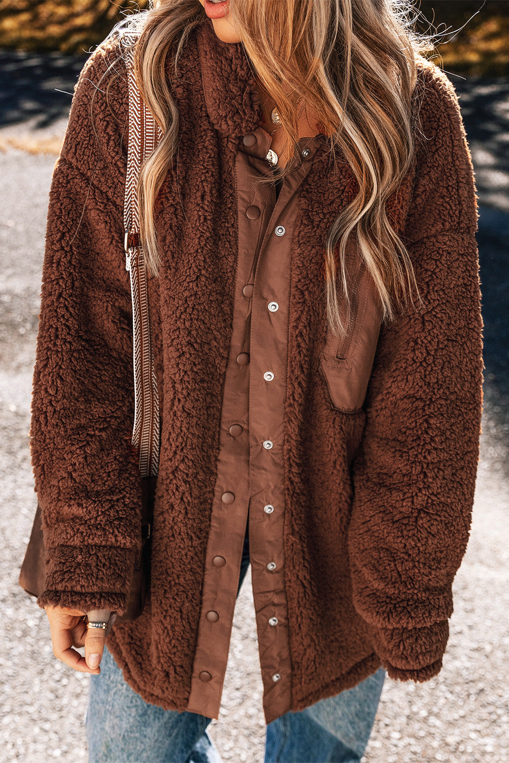 Red Clay Faux Shearling Button Up Jacket