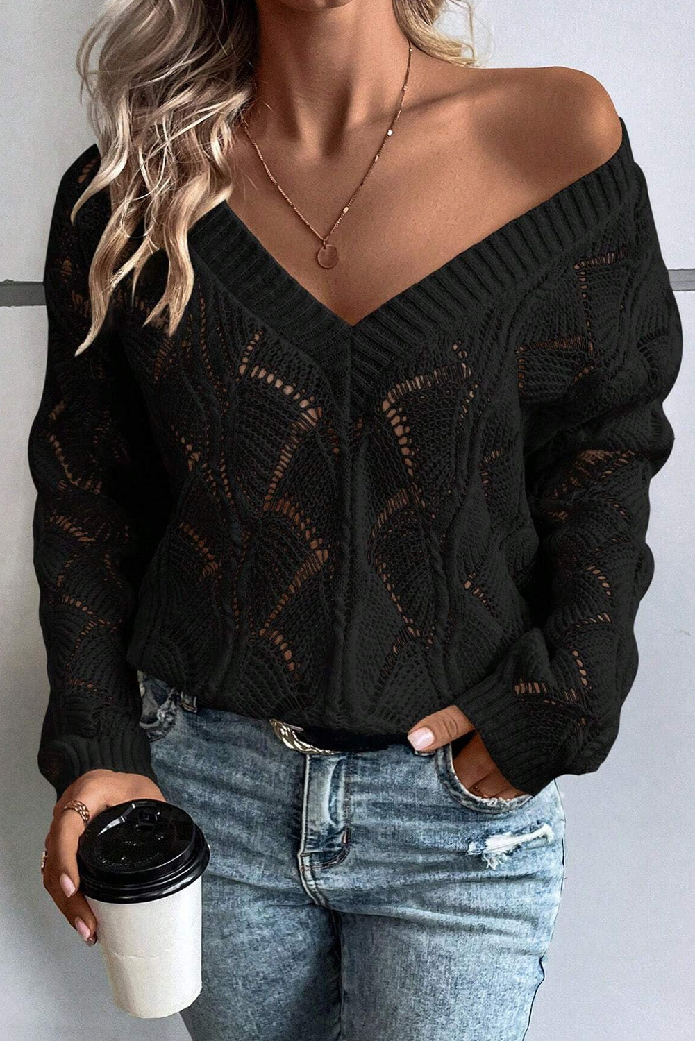 Beige Knit Hollow Out V Neck Drop Shoulder Sweater