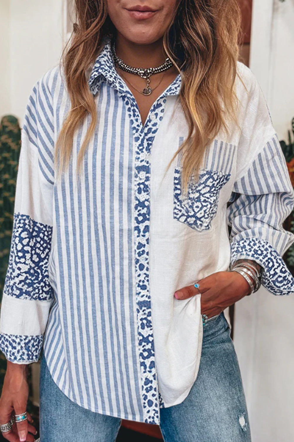 Sky Blue Leopard Striped Patchwork Button-up Shirt