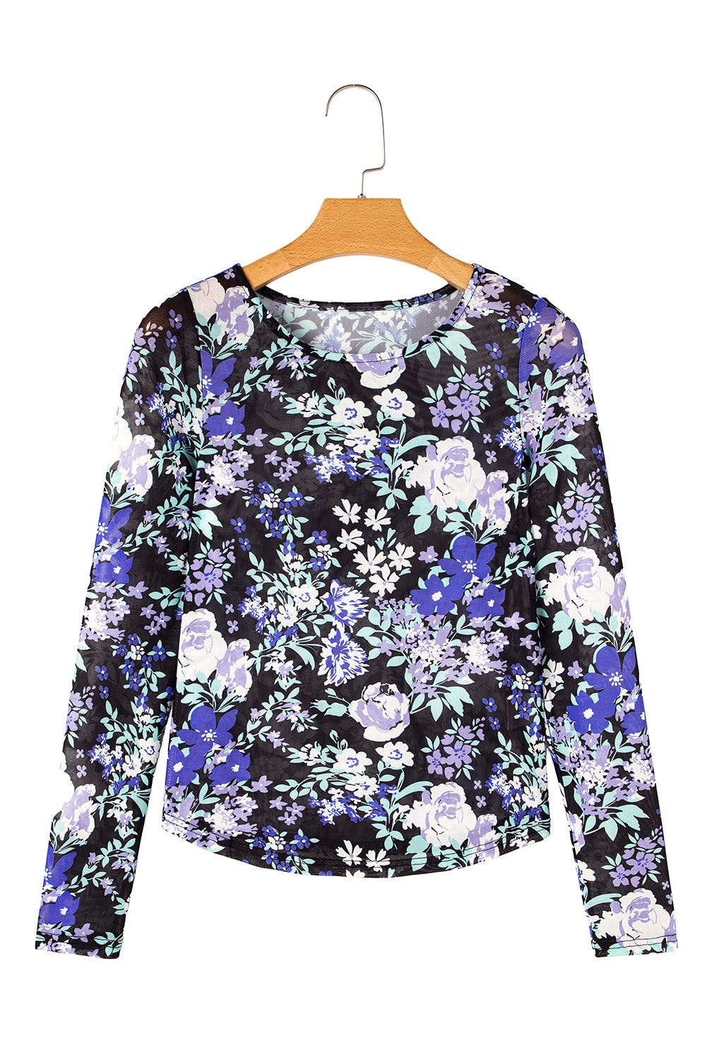 Black Allover Floral Print Mesh Long Sleeve Top