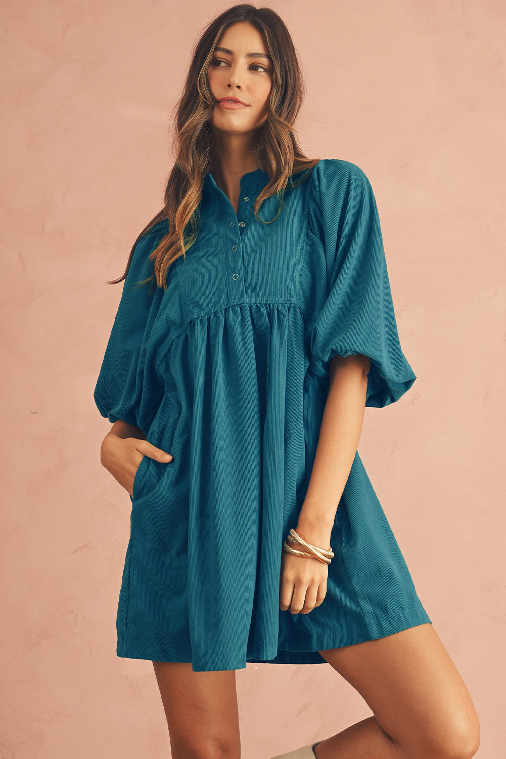 Vineyard Green Snap Button Empire Waist Lantern Sleeve Corduroy Dress