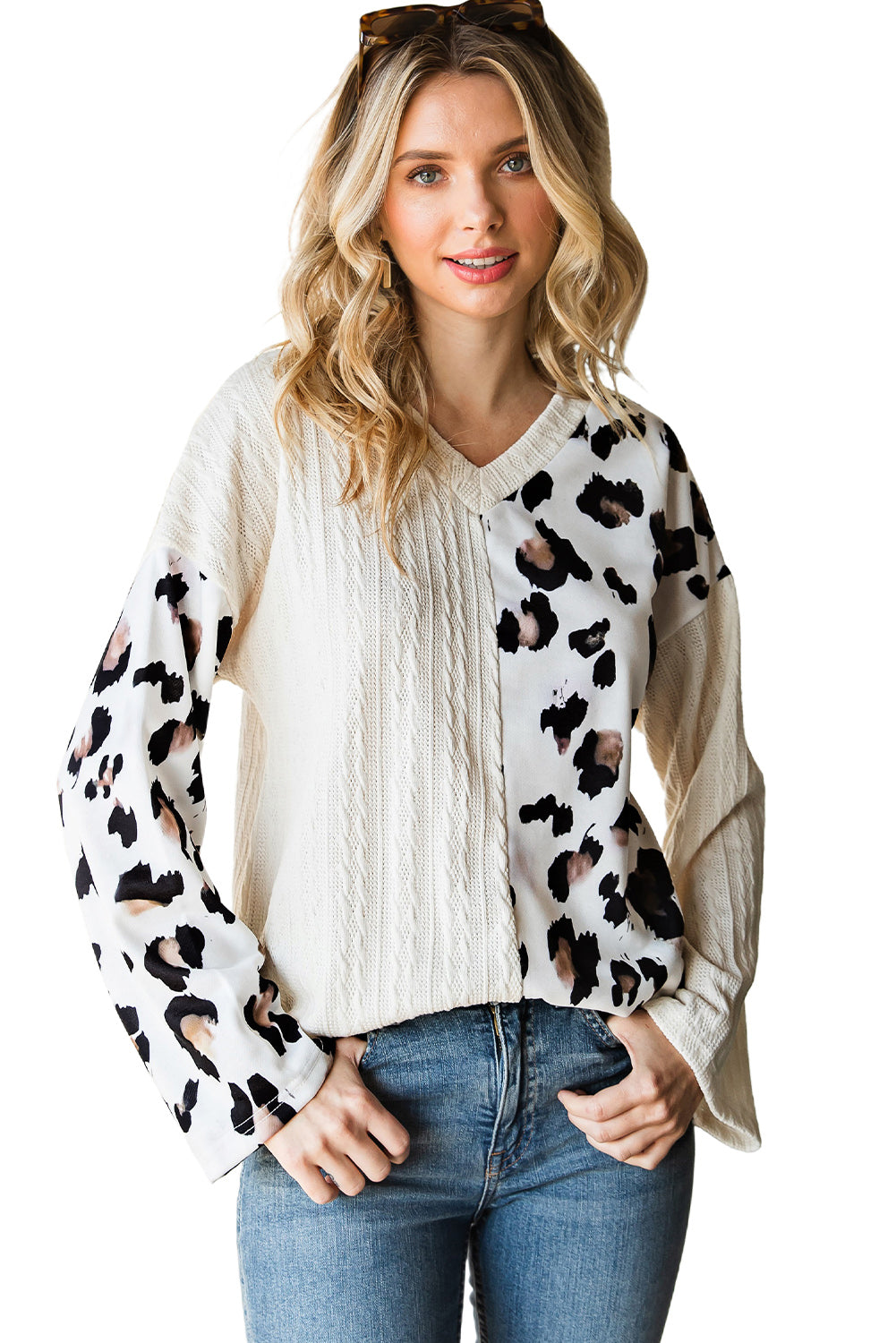 Beige V Neck Leopard Colorblock Patchwork Long Sleeve Top