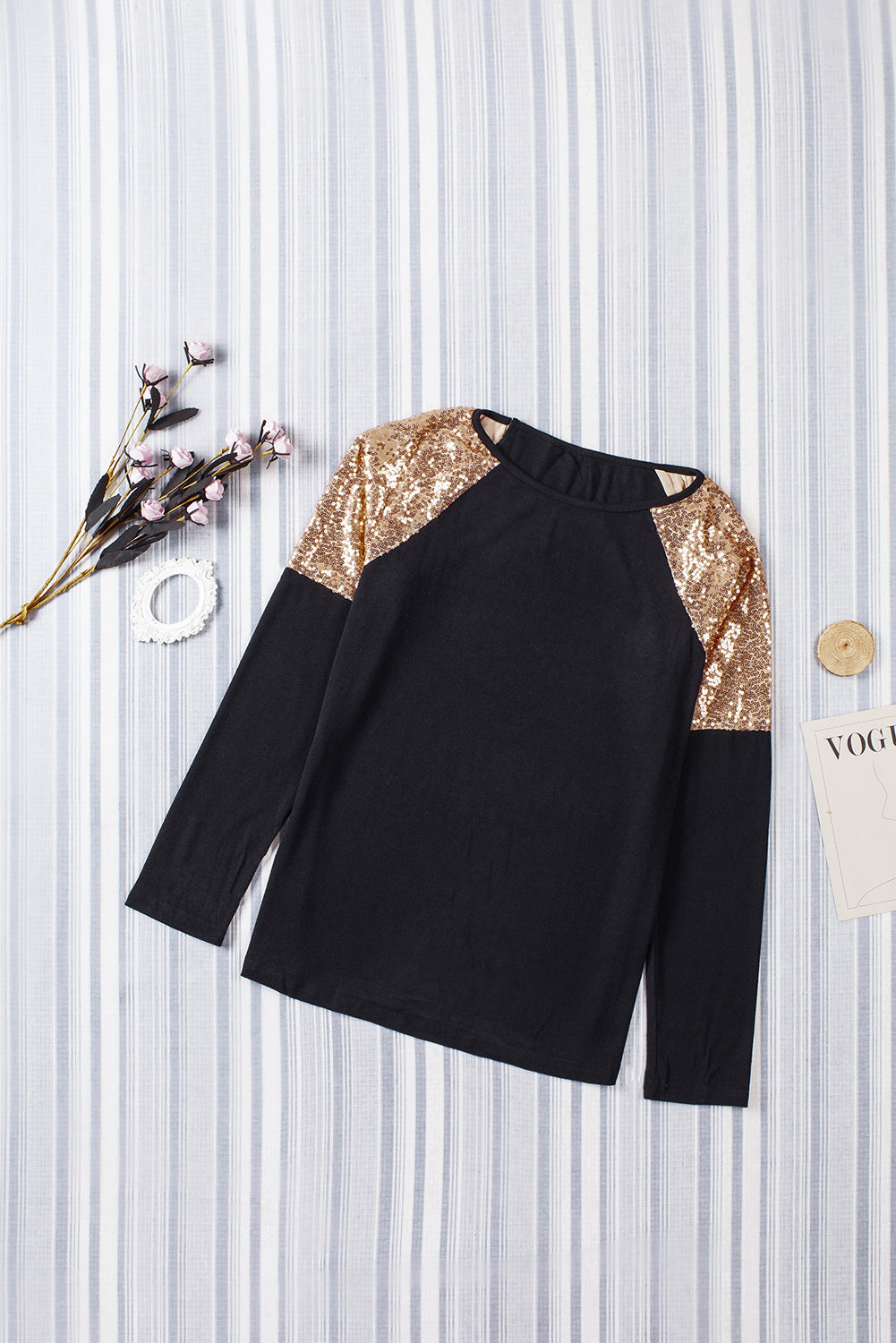 Black and Gold Raglan Sleeve Sequin Top Pullover Long Sleeve Shirt