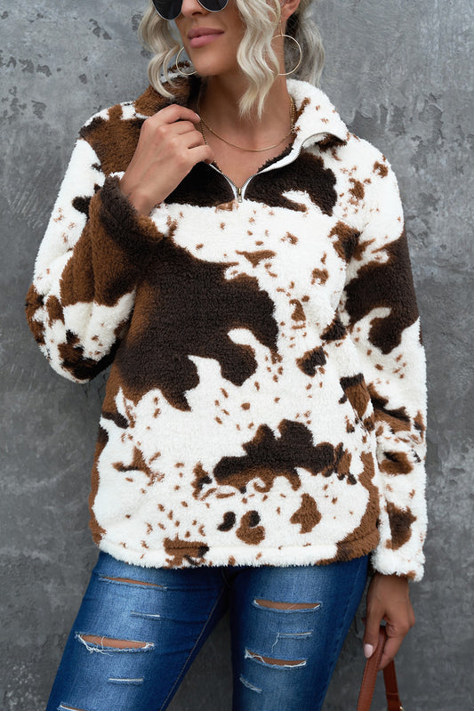 White Animal Print Zipper Collared Pocketed Sweatshirt