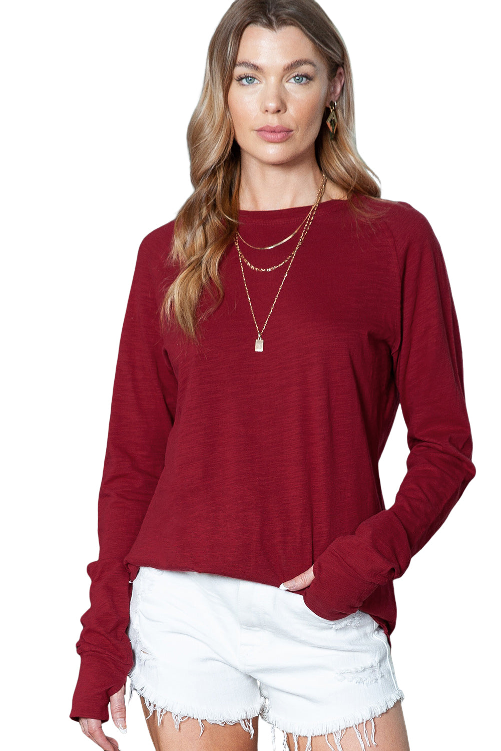 Green Plain Solid Casual Thumbhole Long Sleeve Top