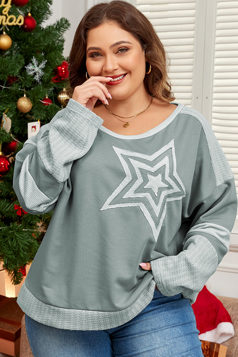 Mist Green Stars Patchwork Round Neck Plus Size Top