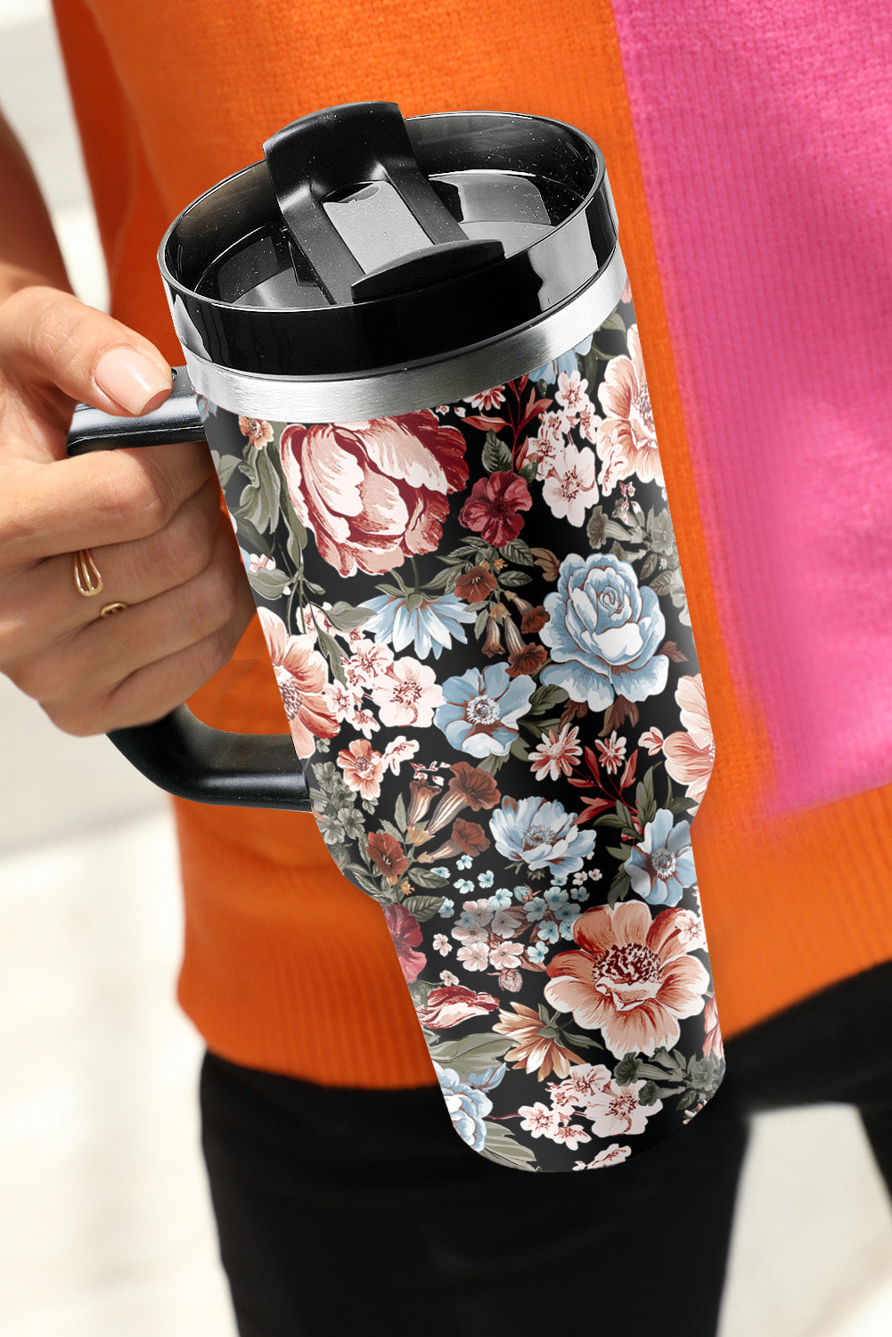 Black Floral Insulated Tumbler Cup