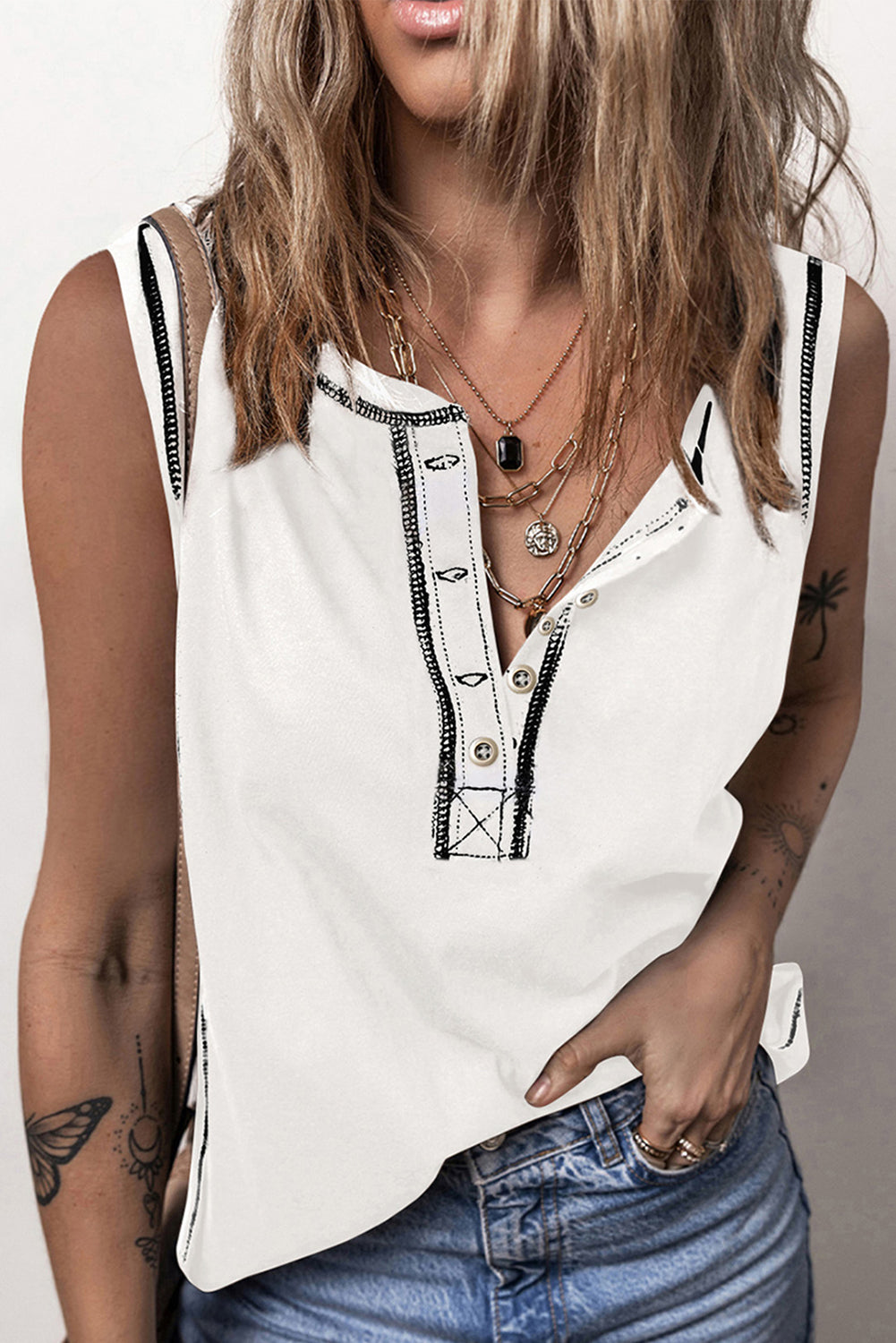 Black Stitching Seam Henley Tank Top