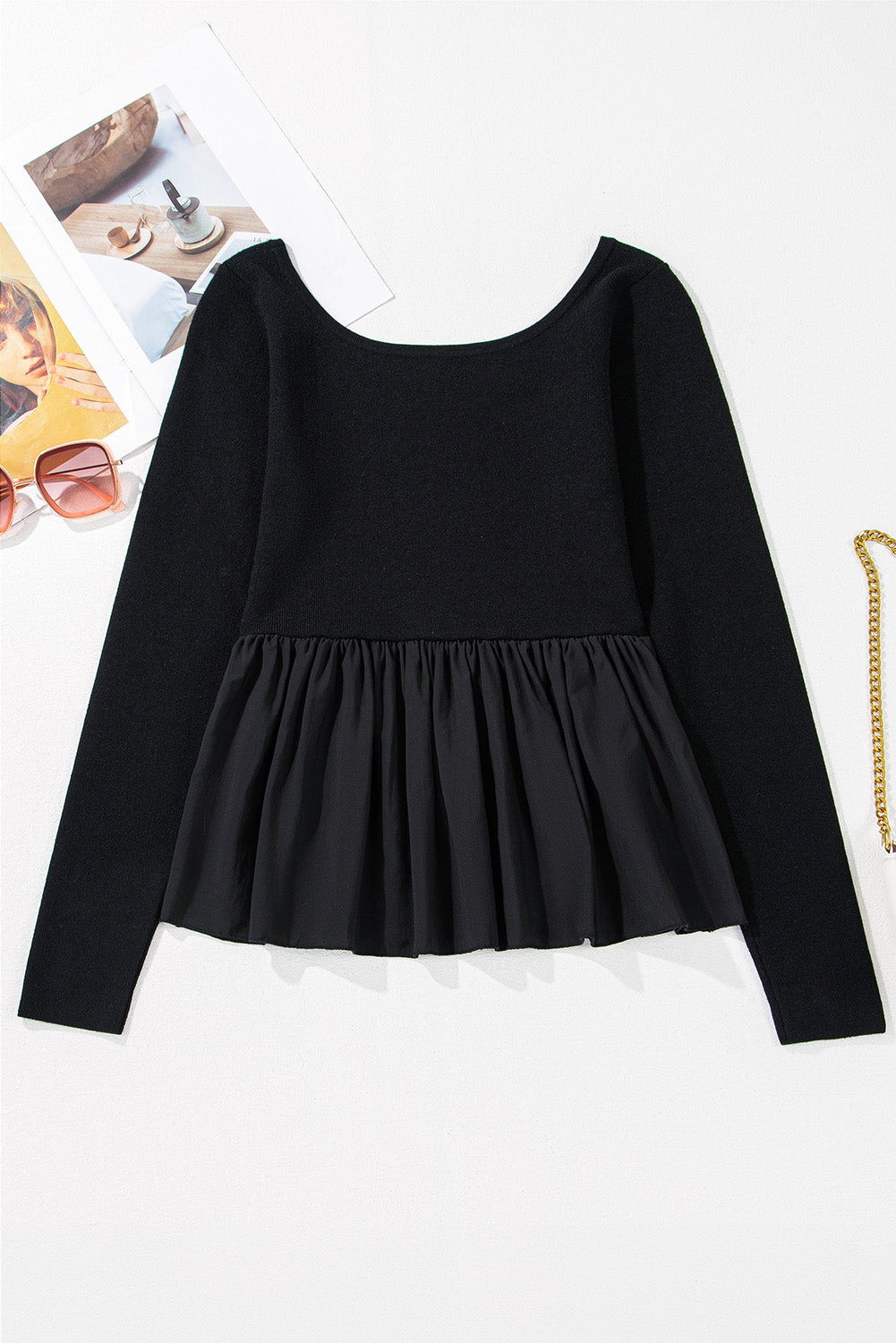 Black Pleated Hem Long Sleeve Ribbed Knit Top