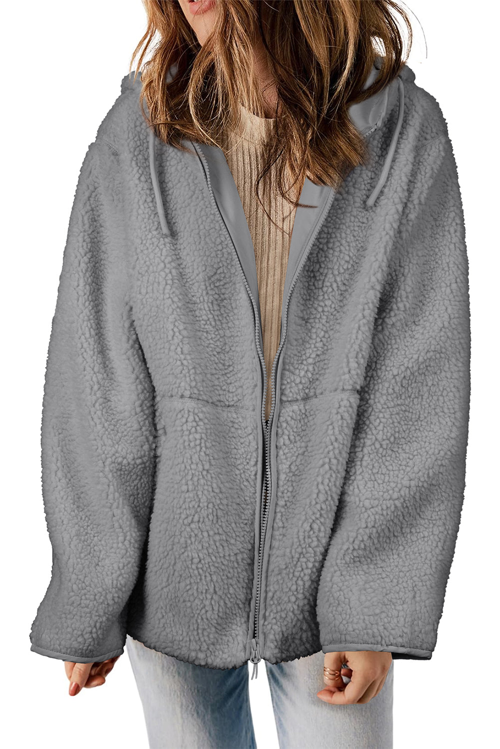 Medium Grey Fleece Zip Up Drawstring Hooded Pocketed Jacket