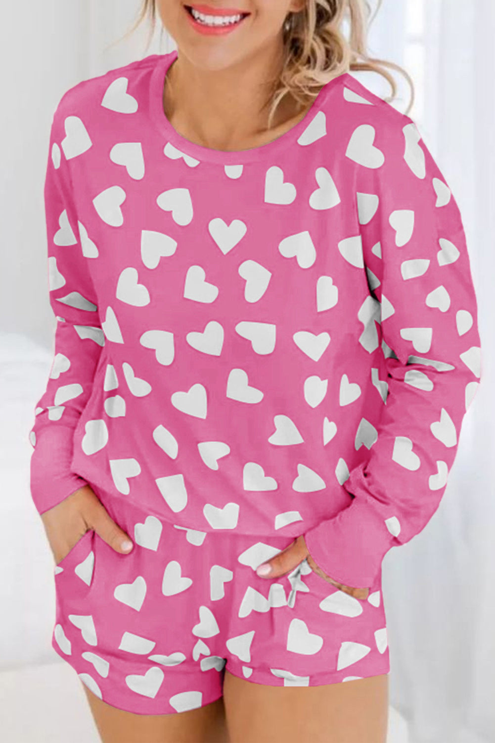 Pink Heart Print Long Sleeve Top and Shorts Loungewear Set