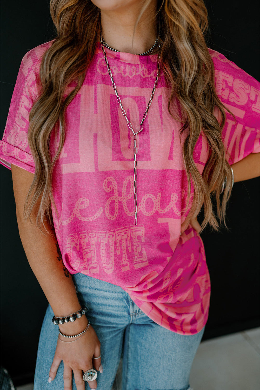 Turquoise Vintage Letter Print Graphic Loose Tee