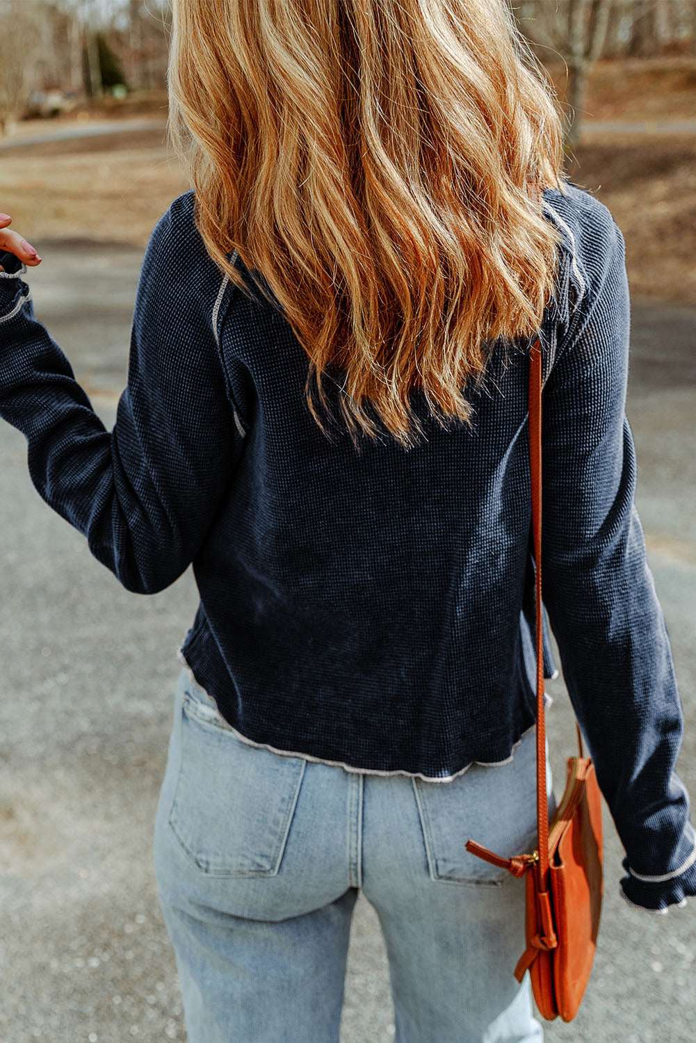 Black Textured Crewneck Long Sleeve Top