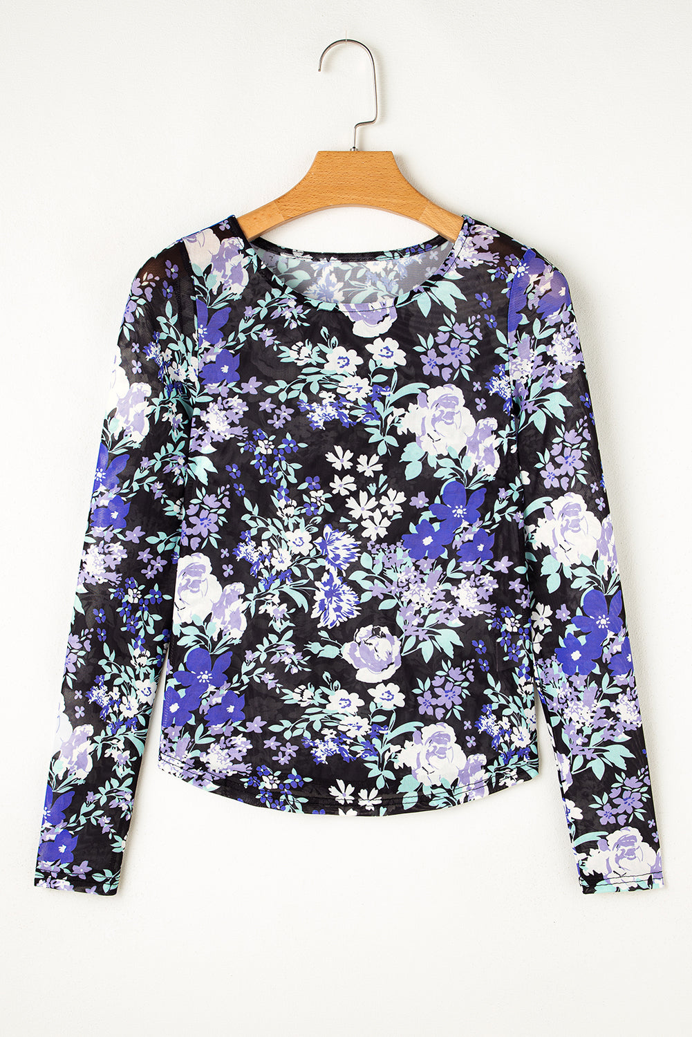 Black Allover Floral Print Mesh Long Sleeve Top