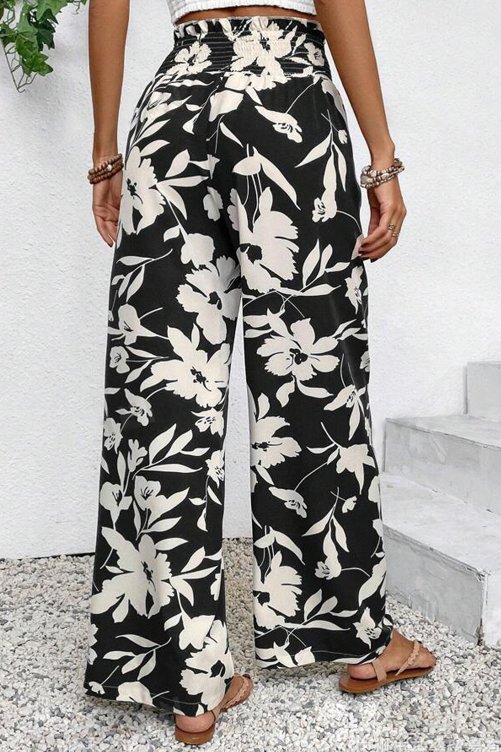 Black Floral Smocked Frill Waist Wide Leg Pants