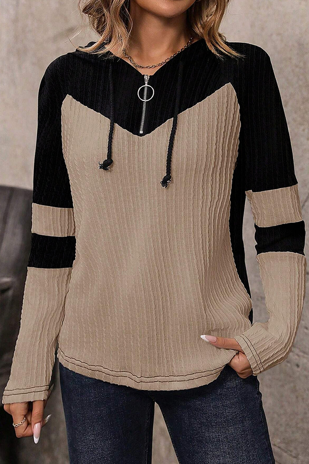 Parchment Textured Patchwork Long Sleeve Hooded Top