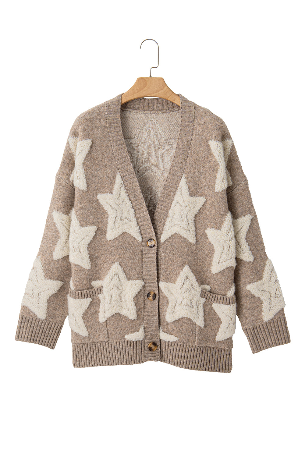 Pink Star Pattern Pockets Button Front Cardigan