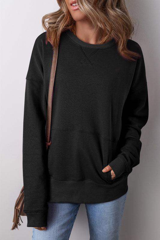 Black Kangaroo Pocket Loose Fit Drop Shoulder Sweatshirt