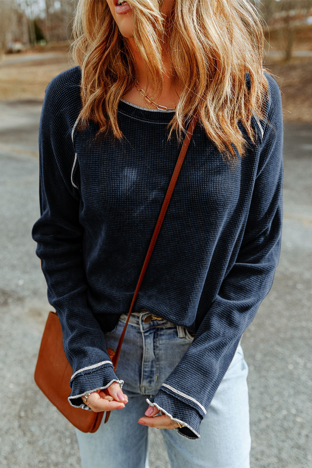 Black Textured Crewneck Long Sleeve Top