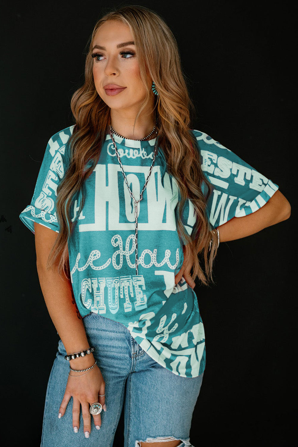 Turquoise Vintage Letter Print Graphic Loose Tee