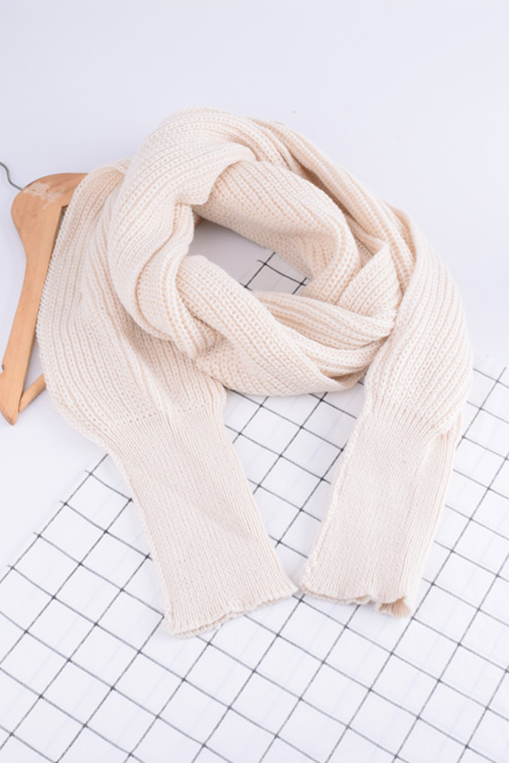 Beige Wrap Up Sleeved Plain Knit Scarf Shawl