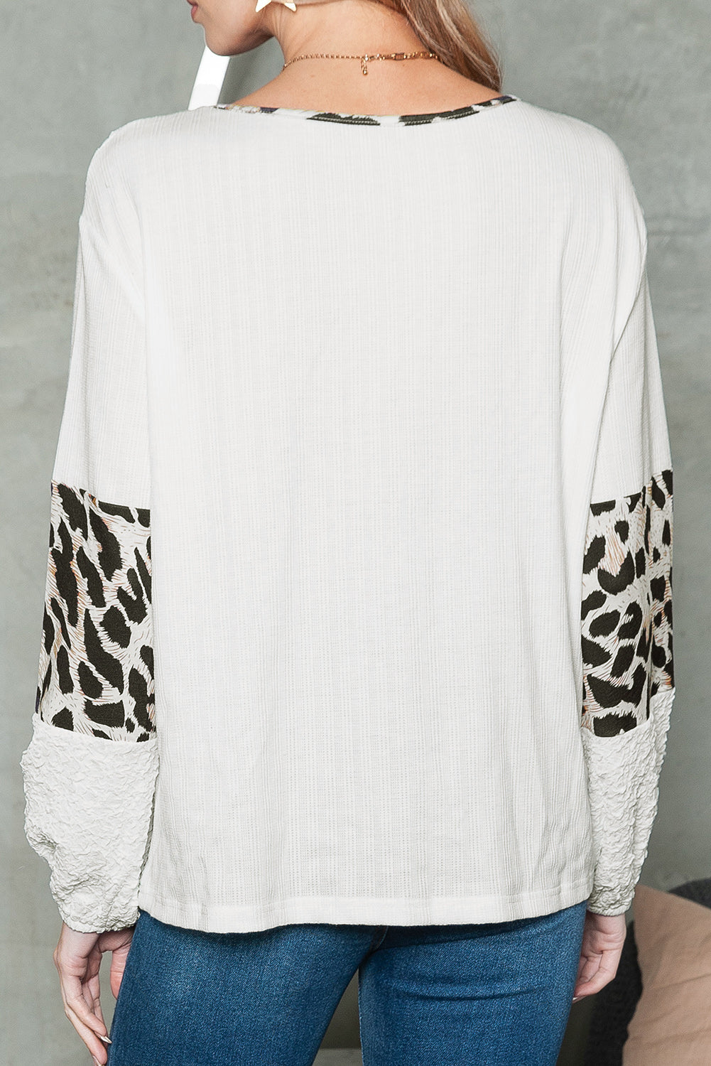 Leopard Print Textured Color Block Pullover Long Sleeve Top