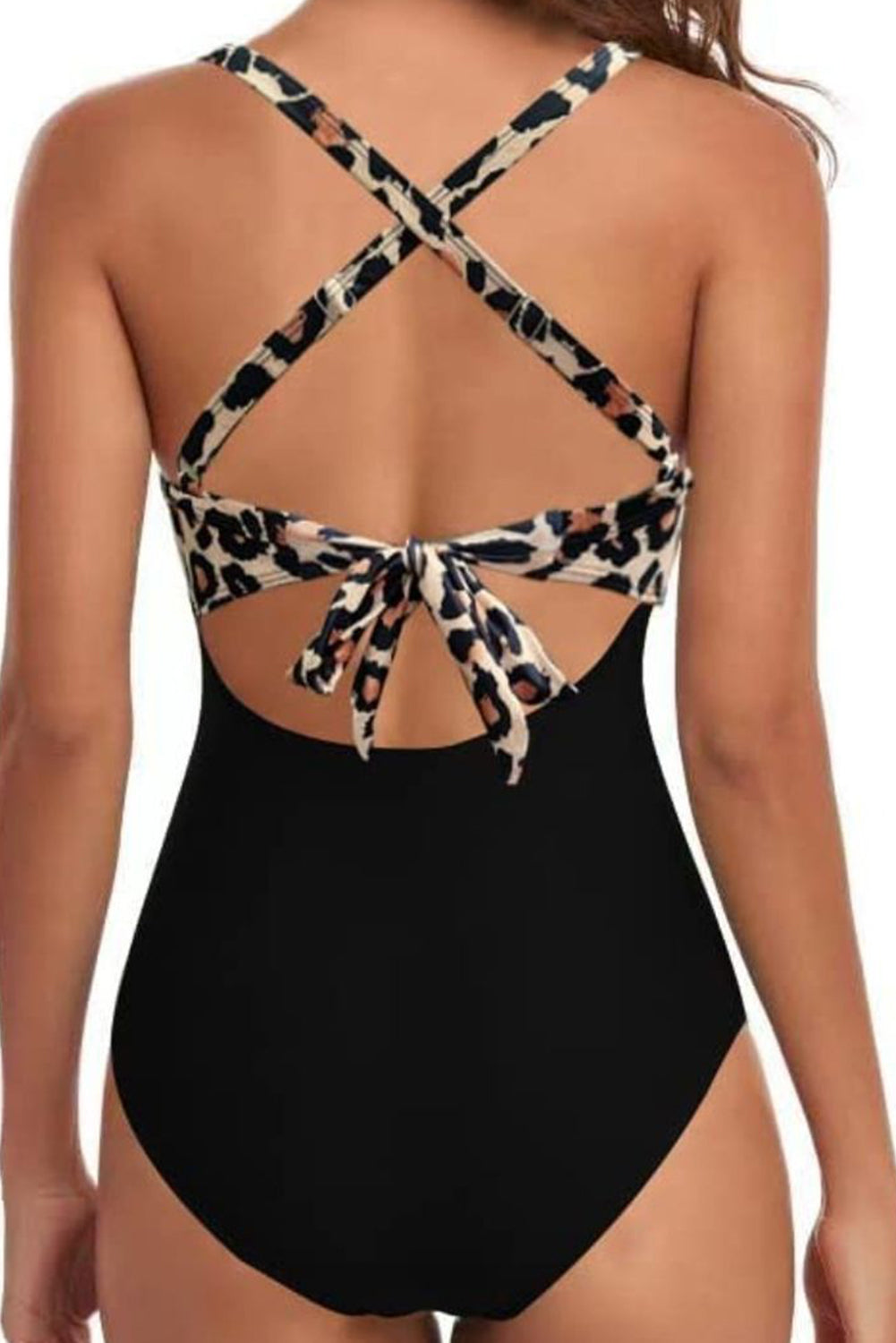 Black Leopard Print V Neck One Piece Swimsuit