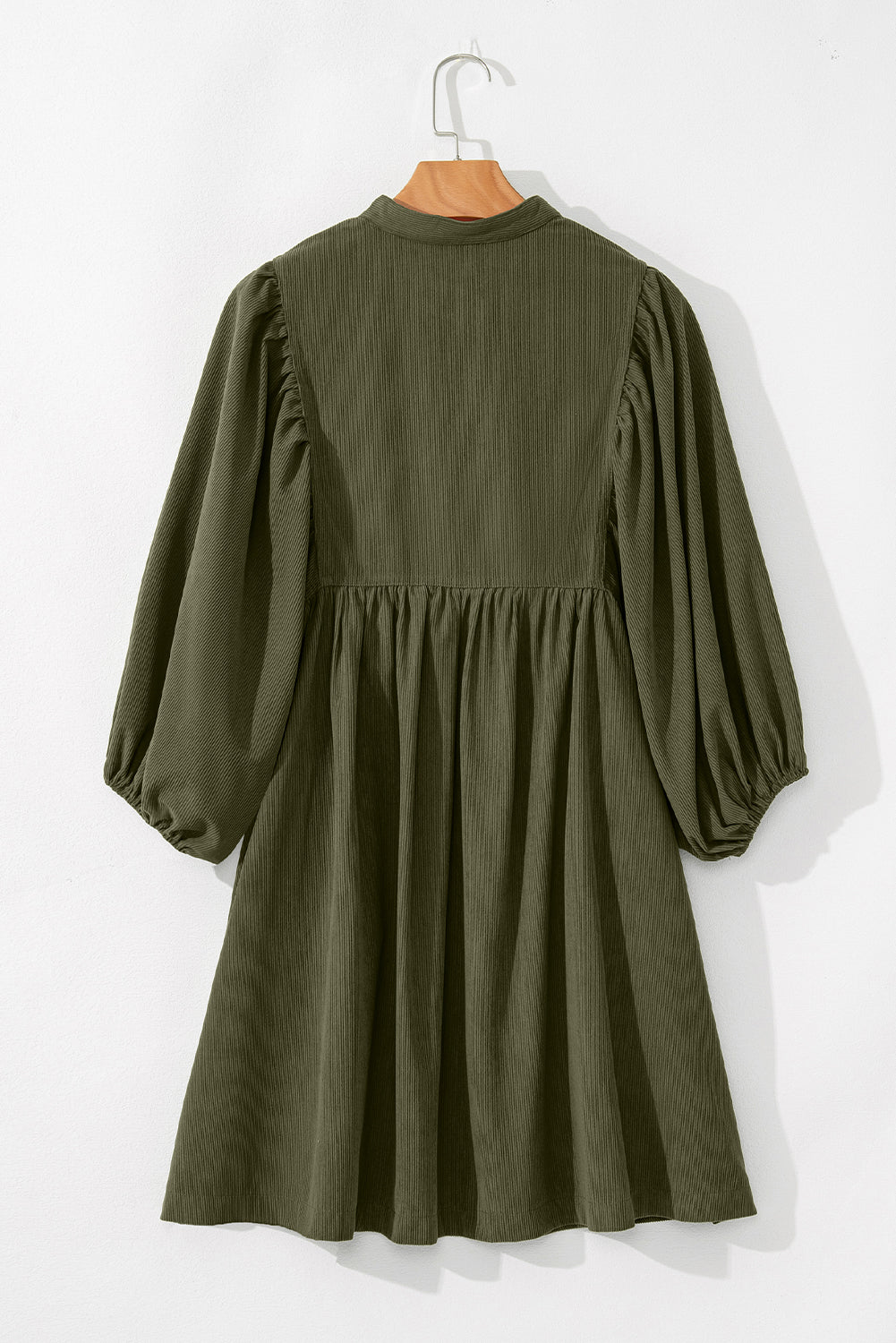 Vineyard Green Snap Button Empire Waist Lantern Sleeve Corduroy Dress